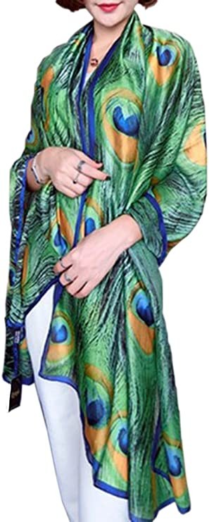 X&F Women's Fashion Peacock Feather Print Long Scarf Summer Shawl