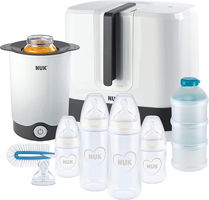 Move the mouse over the image to enlarge the image NUK First Choice+ Full Feeding Set | Vario Express Conditioner, 4 Baby Bottles, 1 Baby Bottle Nipple, Bottle Warmers & More | Heart Shaped (Unisex) |
