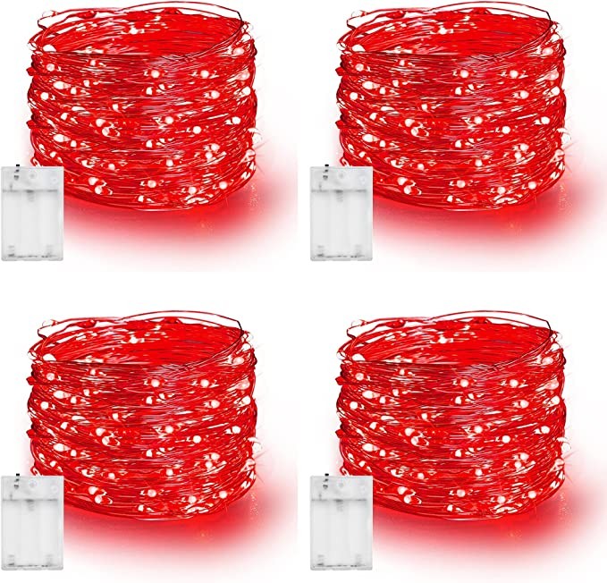 Dazzle Bright Fairy Lights Battery Operated, 4 Pack 20 FT 60 LED Silver Wire Waterproof Battery Operated String Lights, Christmas Decorations for Indoor Outdoor Bedroom Yard Decor, Red