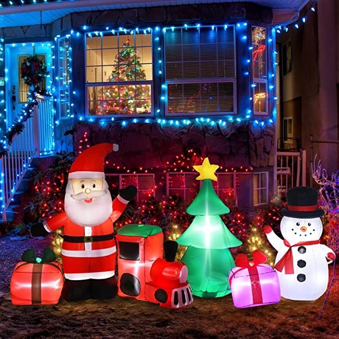 Christmas Inflatable Decorations Inflatable Snowman Christmas Tree Outdoor Decor Inflatable Santa Claus Train Yard Decor with LED Lights Fasten Ropes for Holiday Yard Decor, 9 Feet Wide